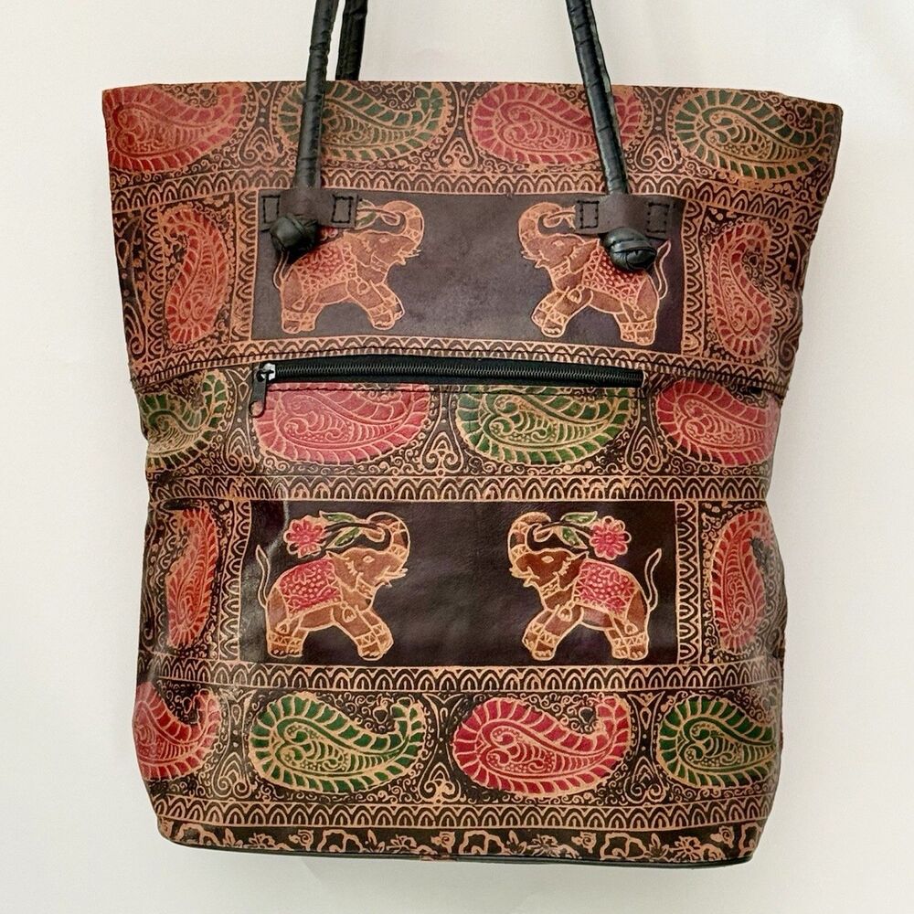 Vintage Shantiniketan Indian ELEPHANTS Paisley Leather Shoulder Tote Bag Boho